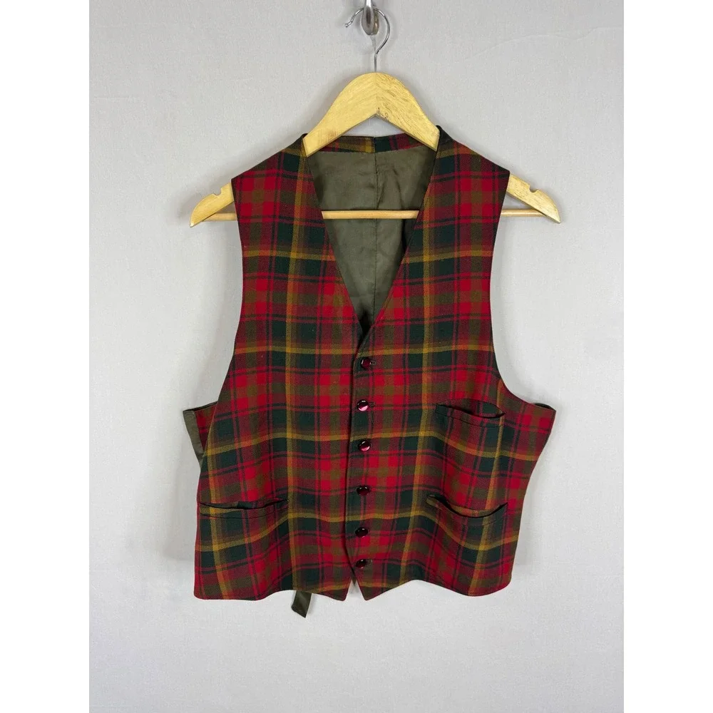 Vintage Pure Virgin Wool Plaid Vest Red Olive Green Tartan Waistcoat‎ Mens M